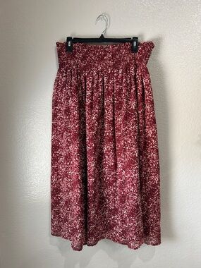 George Burgundy Retro Pattern Smocked Waist Midi Skirt Lined Sz XL Boho TC0335